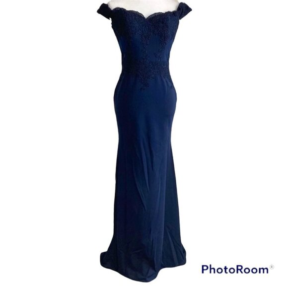 Long Navy Off the Shoulder Lace Prom Formal Dress US XS - Picture 2 of 7
